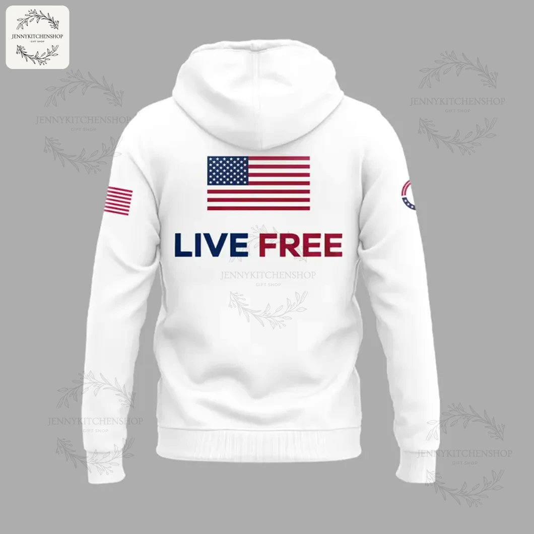 Back of the white hoodie featuring a large American flag and the text "LIVE FREE" printed below it.