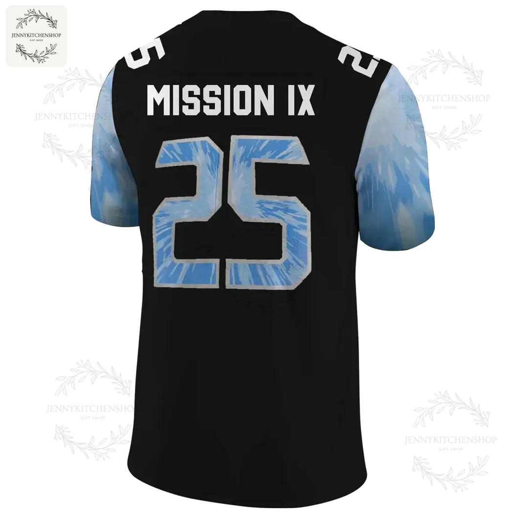 Back of the UCF Knights 2025 Space Game jersey showing the nameplate "MISSION IX" above the number 25.