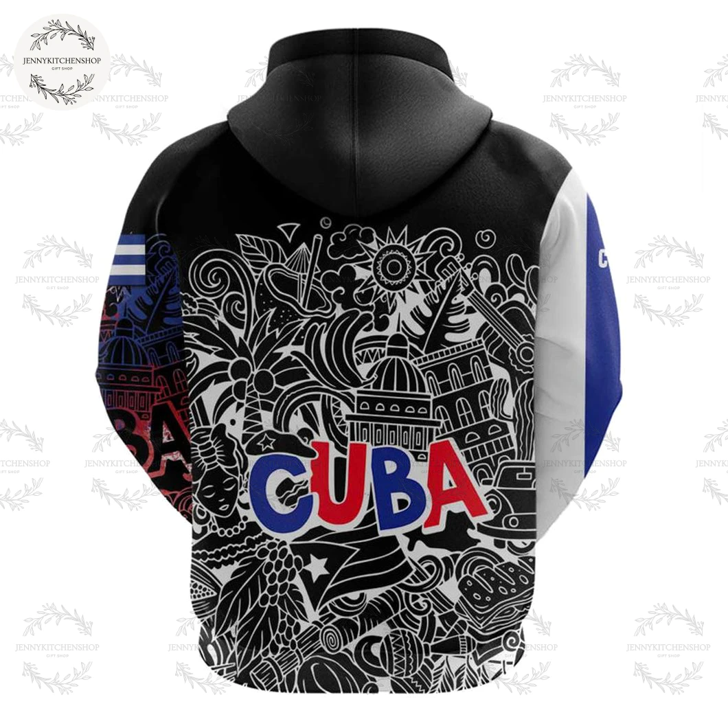 Cuba Flag Black with Red White Blue Patriotic Graphics and Cultural Doodle Hoodie