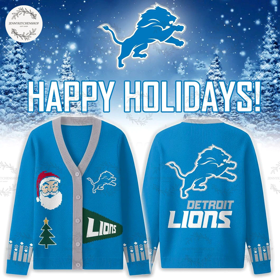 Detroit Lions 2025 Happy Holiday Santa Cardigan Sweater