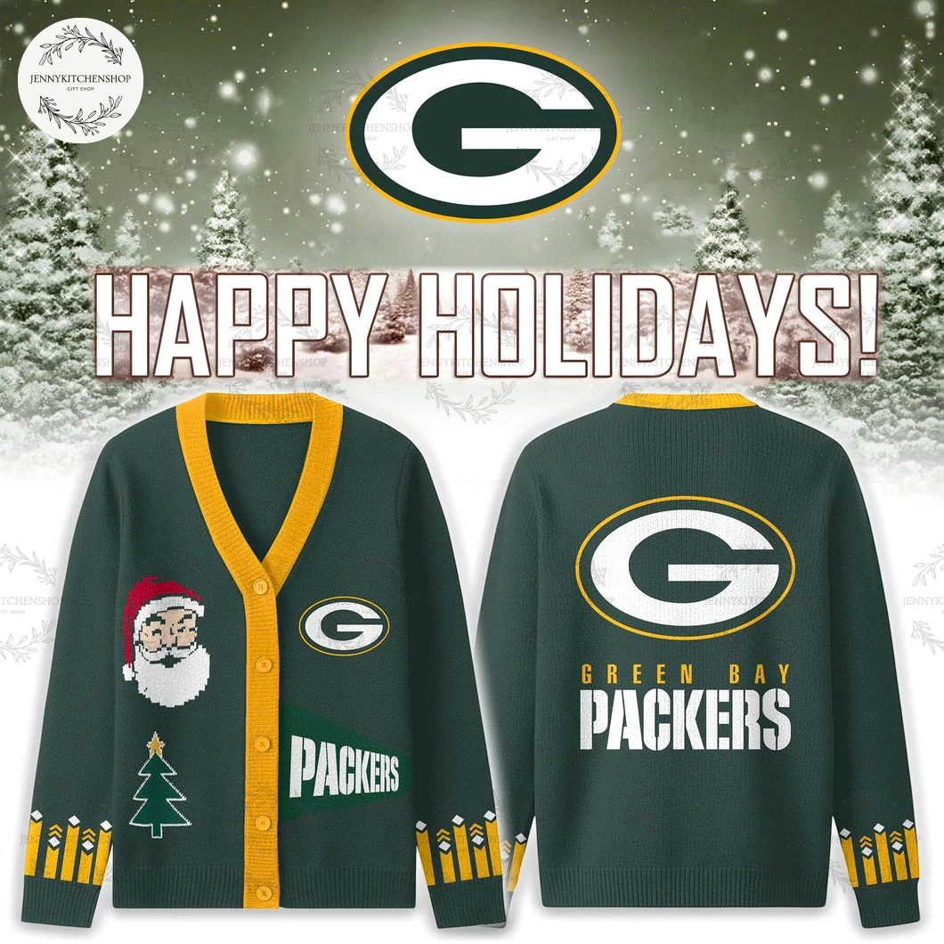 Green Bay Packers 2025 Happy Holiday Santa Cardigan Sweater