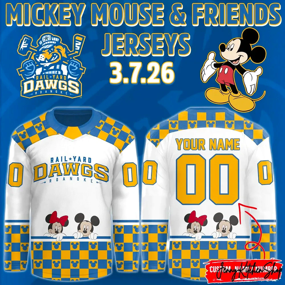 Roanoke Rail Yard Dawgs Mickey Mouse Friends Hockey Jersey