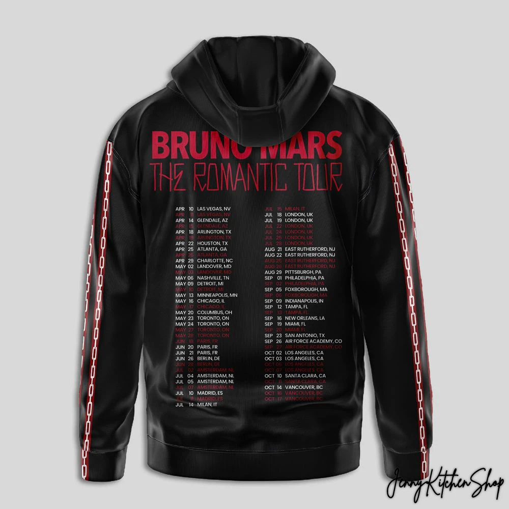 Close-up of the back of the Bruno Mars tour hoodie, detailing the "The Romantic Tour" text and a complete list of 2026 tour dates.