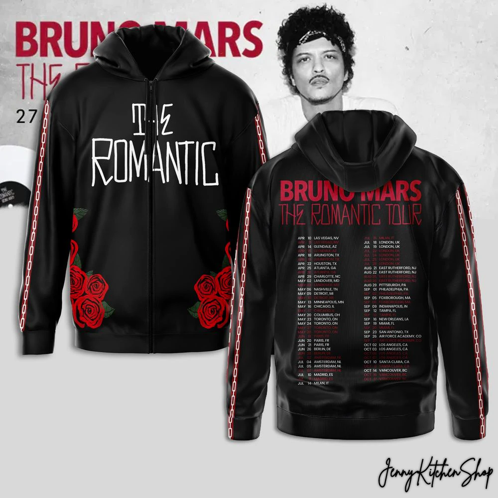 Front and back of The Romantic Bruno Mars 2026 Tour Hoodie, showing "The Romantic" text, roses, and a full list of tour dates.