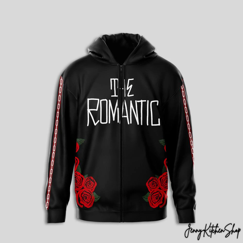 Front of the black zip-up Bruno Mars hoodie featuring "The Romantic" text in white and red rose graphics on the lower half.