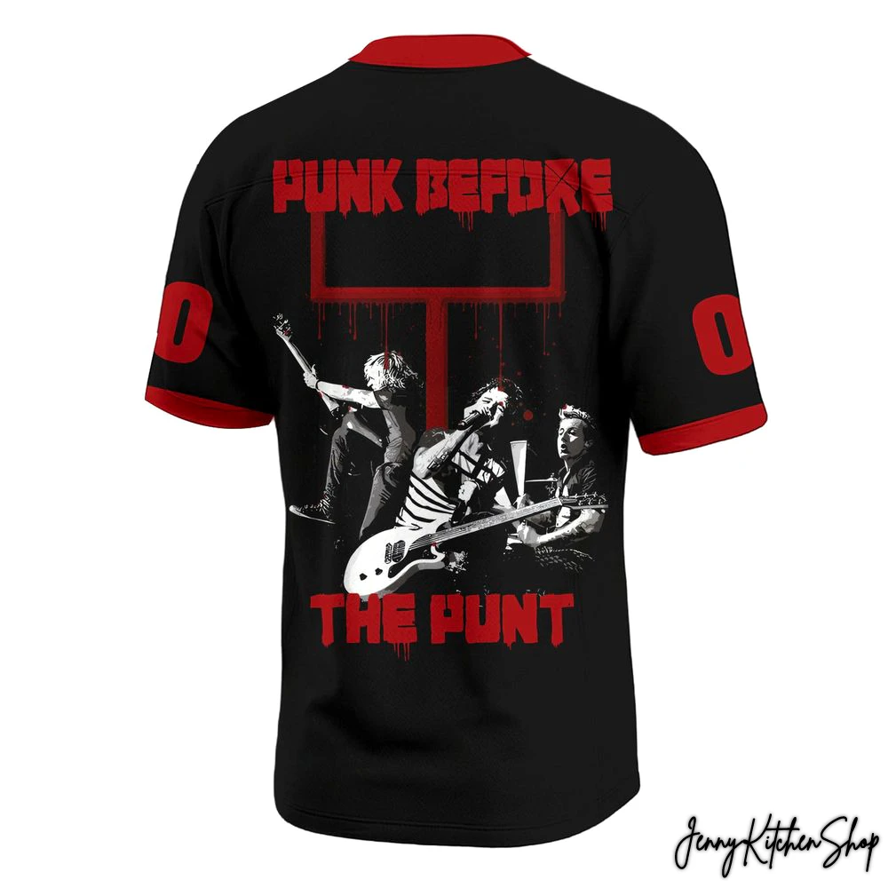 Back of the Green Day football jersey with the slogan "Punk Before The Punt" and a graphic of the band performing on stage.