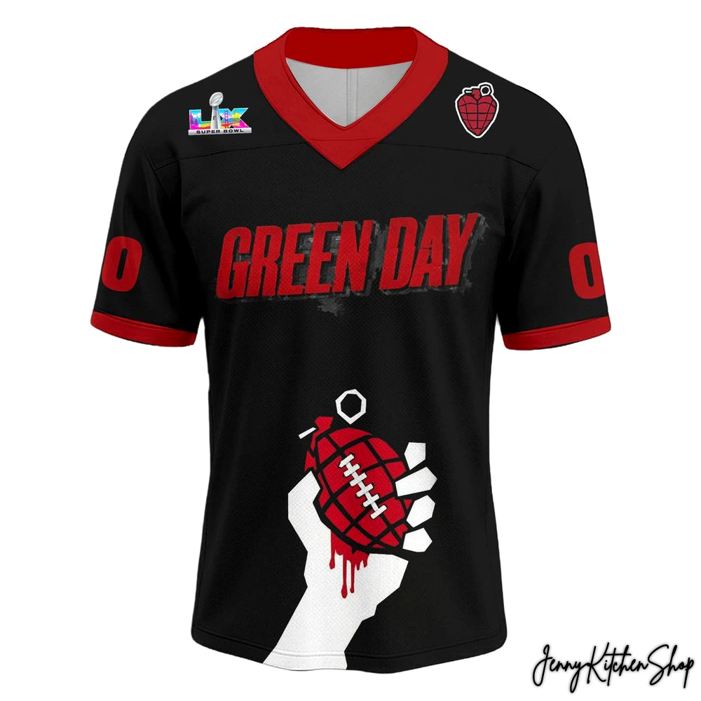 Front of the black and red Green Day football jersey featuring the band's name, Super Bowl LIX logo, and a hand holding a grenade football.