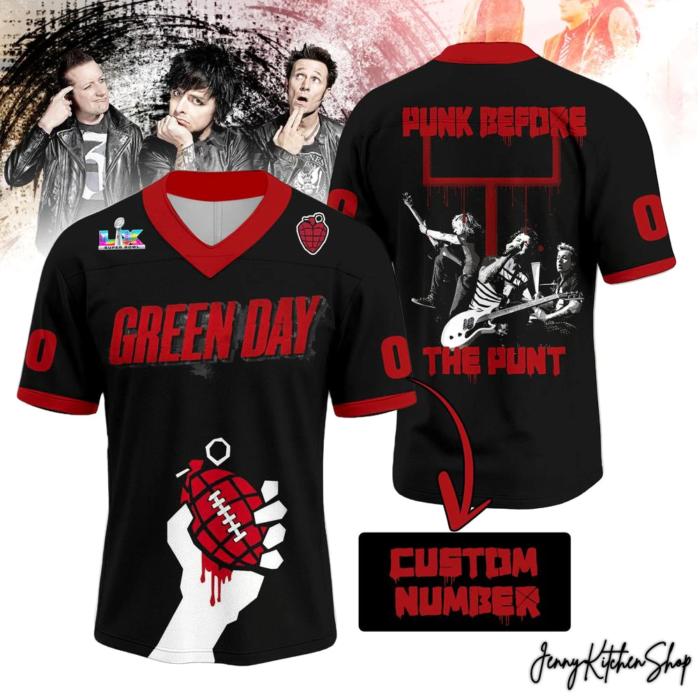 Front and back views of the Green Day football jersey, showing the custom number option and "Punk Before The Punt" design on the back.