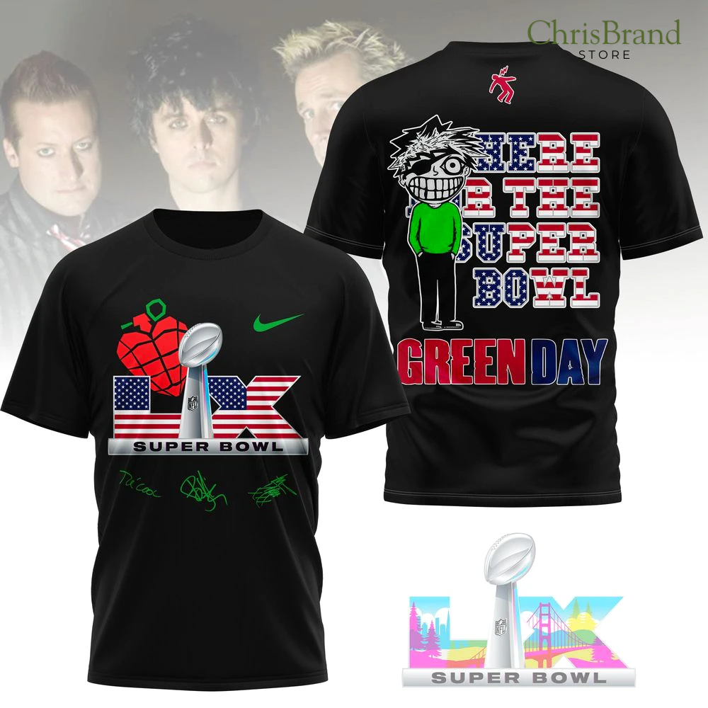 Front and back mockup of the black Green Day Super Bowl 2026 t-shirt, showing the American flag design and band logo.