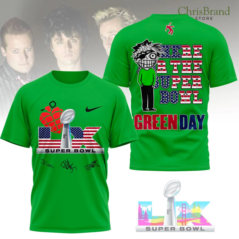 A vibrant green Green Day t-shirt for Super Bowl LX, displaying the event logo on the front and a cartoon graphic on the back.