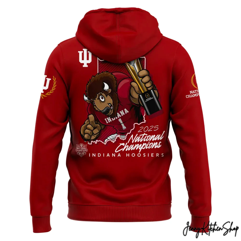 Back of the red Indiana Hoosiers 2025 National Champions hoodie featuring the team mascot holding the championship trophy.