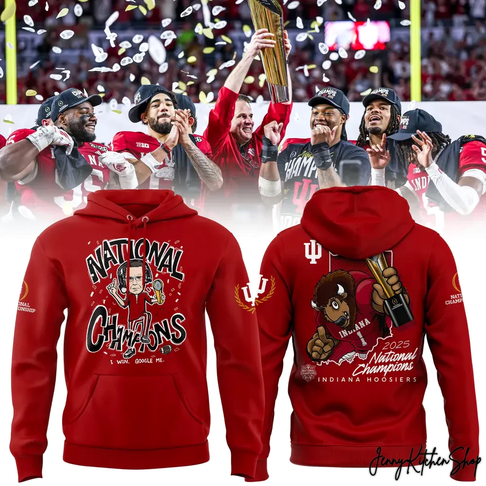 Front and back view of the red Indiana Hoosiers 2025 National Champions hoodie with celebratory team photo in the background.