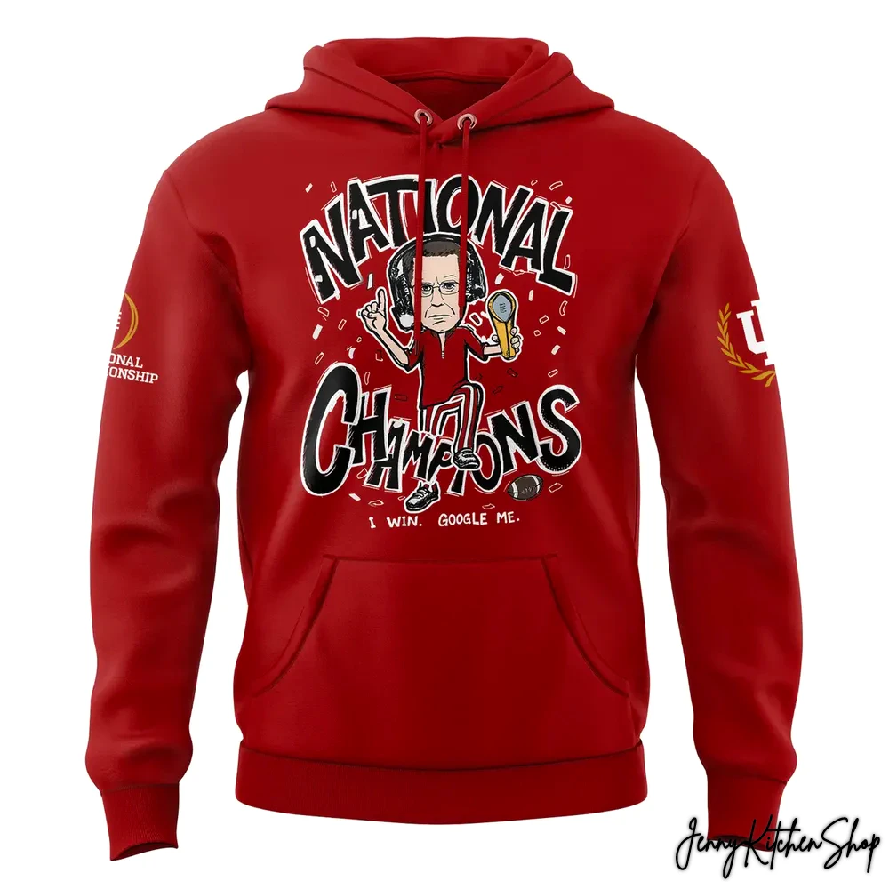 Front of the red Indiana Hoosiers 2025 National Champions hoodie featuring a coach caricature and celebratory graphics.