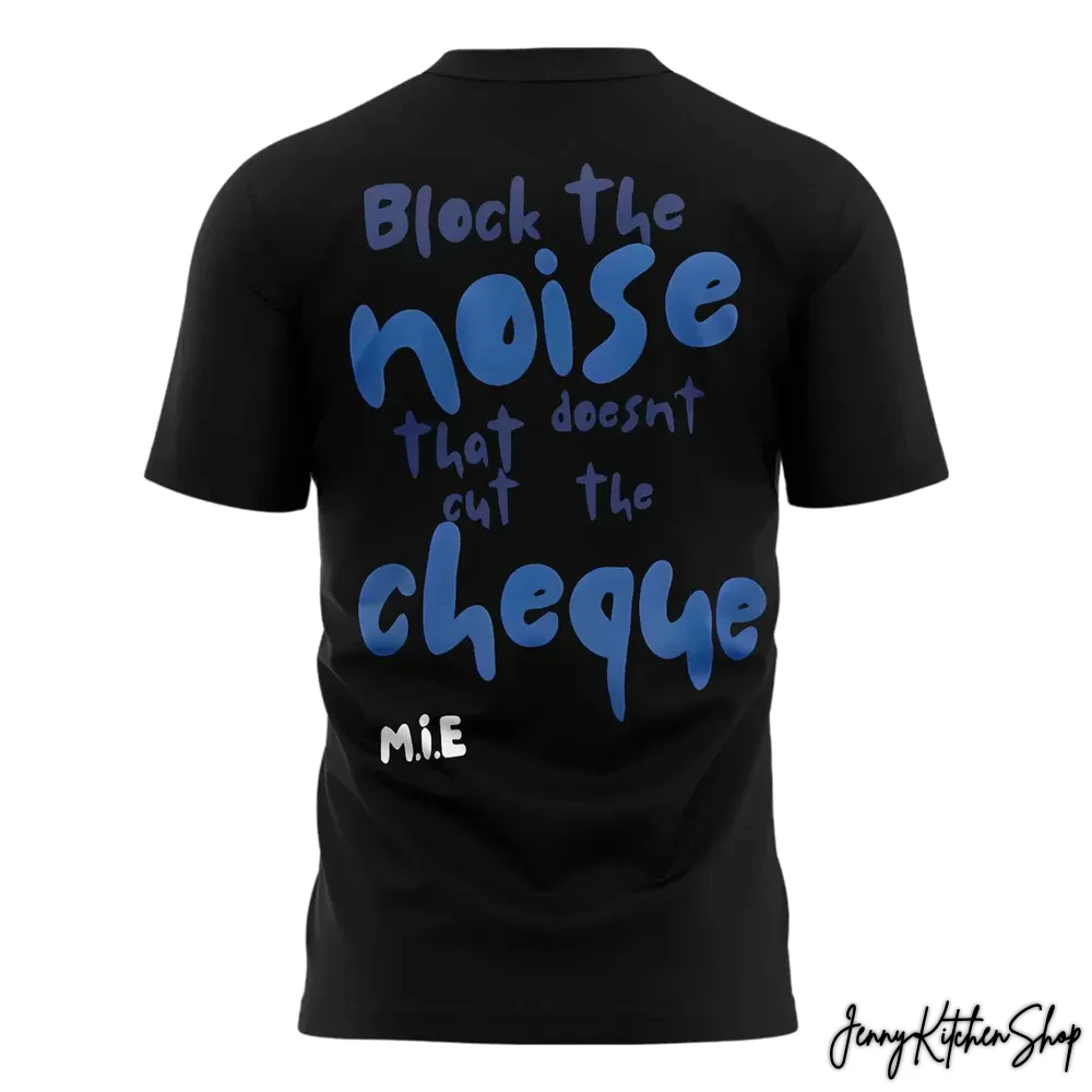 Back of the black Texas Legends x D'Moi 2026 shirt, featuring the large blue 3D text "Block the noise that doesn't cut the cheque".