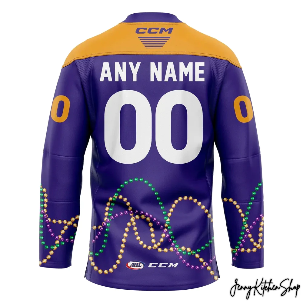 The back of the Tucson Roadrunners Mardi Gras jersey showing the customizable name and number area above the festive bead design.