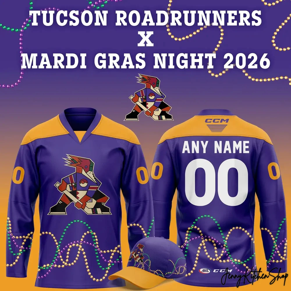 Front and back view of the Tucson Roadrunners 2026 Mardi Gras hockey jersey with a matching cap, featuring festive bead graphics.