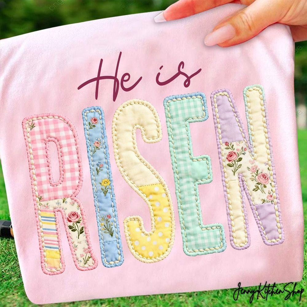 He Is Risen Christian Easter Faux Quilt Patchwork Graphic T-Shirt