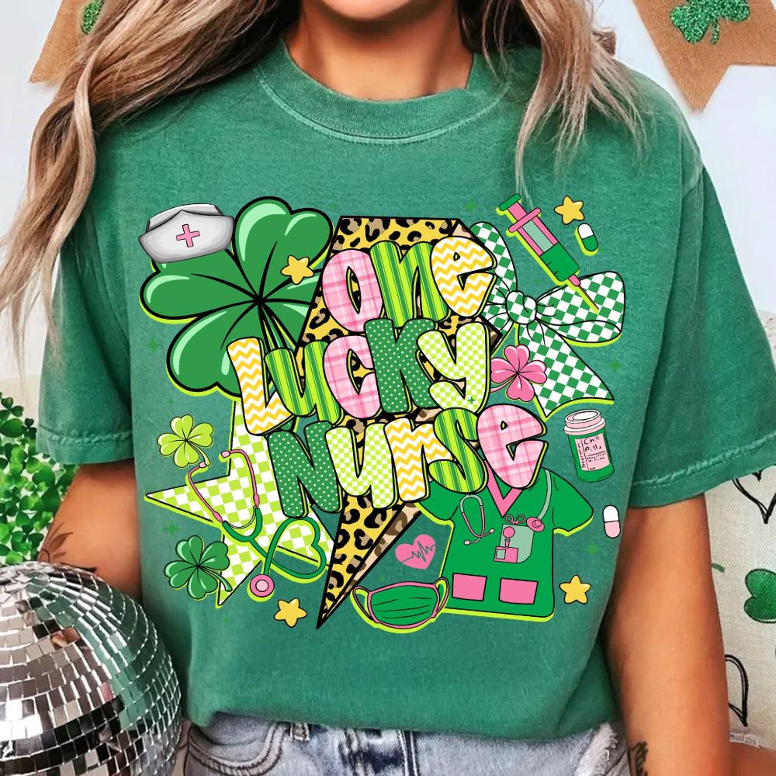 One Lucky Nurse St. Patrick's Day Leopard Print Shamrock Graphic T-Shirt