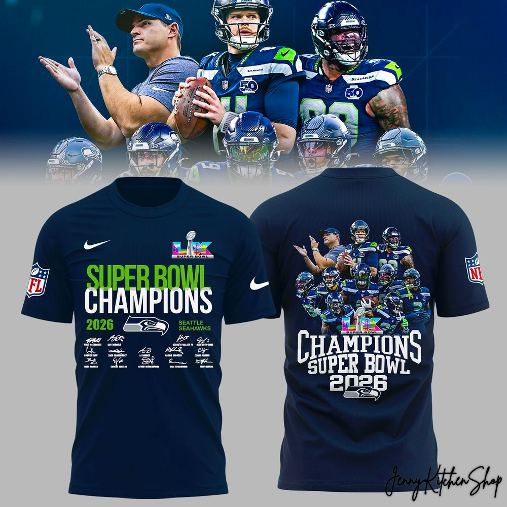Seahawks Super Bowl 2026 Champions Roster Signatures Graphic Hoodie