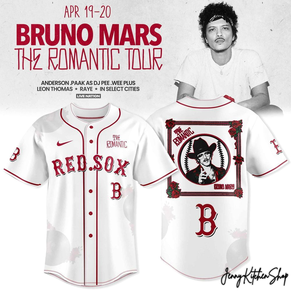 The Romantic Tour 2026 Boston Red Sox x Bruno Mars Baseball Jersey