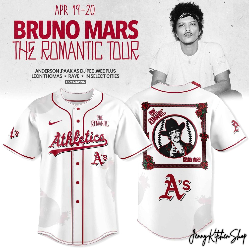 The Romantic Tour 2026 Oakland Athletics x Bruno Mars Baseball Jersey